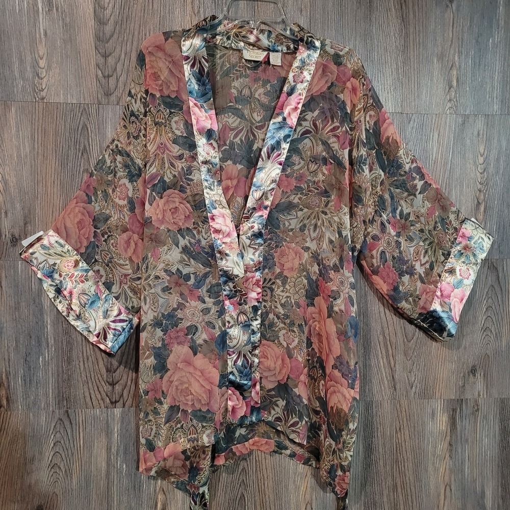 Vintage Victoria's Secret Sheer Floral Kimono Robe OS Cover Up Satin Trim